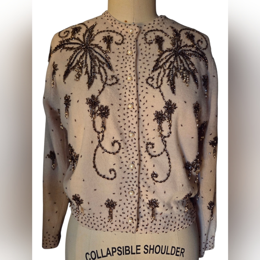Vintage 1950s Beaded Cardigan Wool Embellished Medium Large